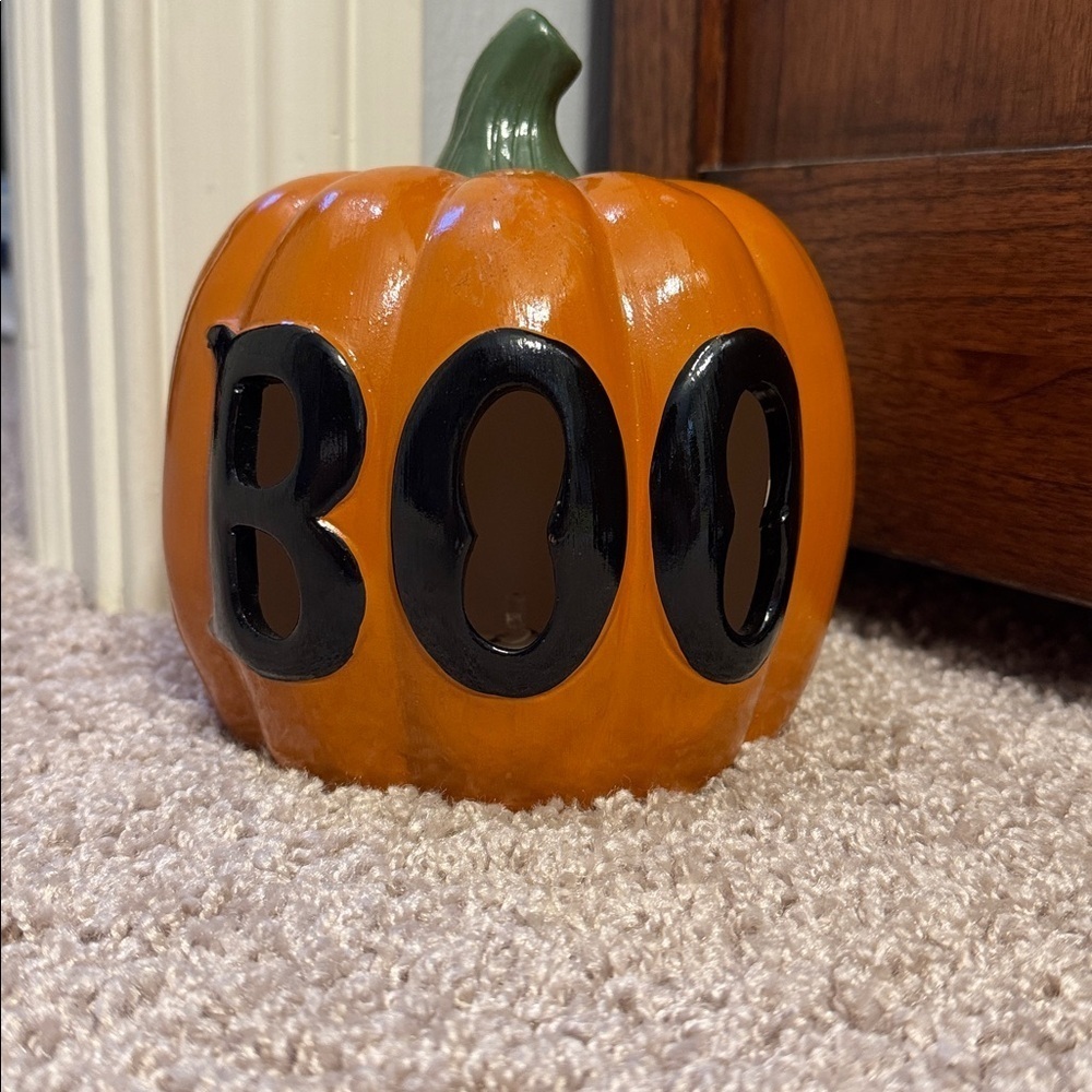 Decorative Light Up Boo Halloween Orange Pumpkin (green stem) Approximately 6”